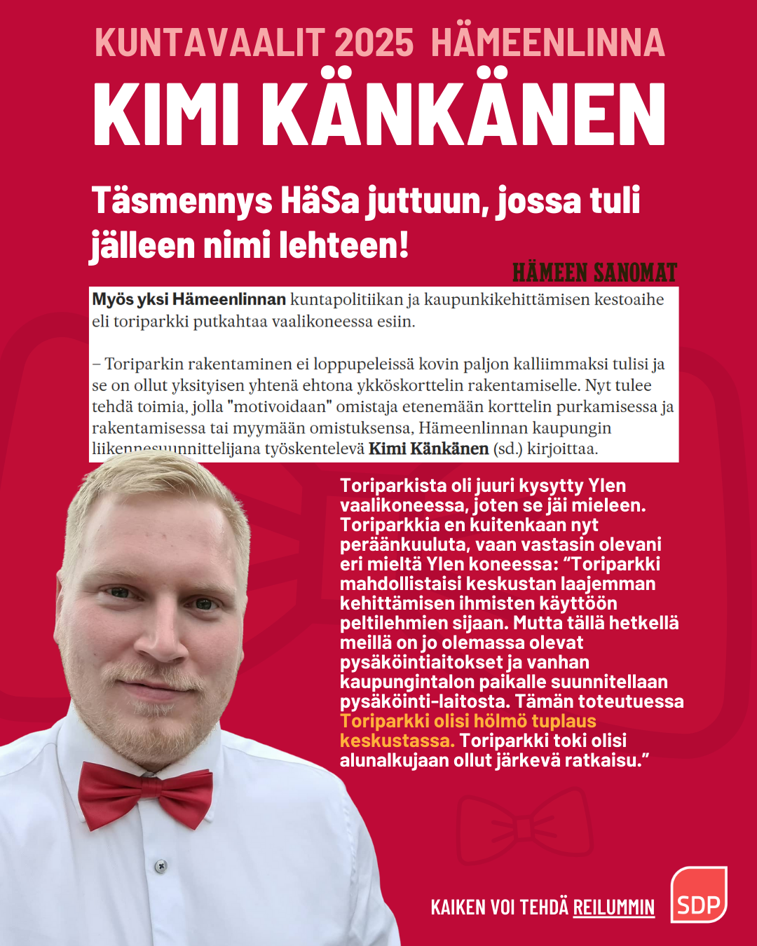 Täsmennys Hämeen Sanomien juttuun Toriparkkia koskien 12.3.2025